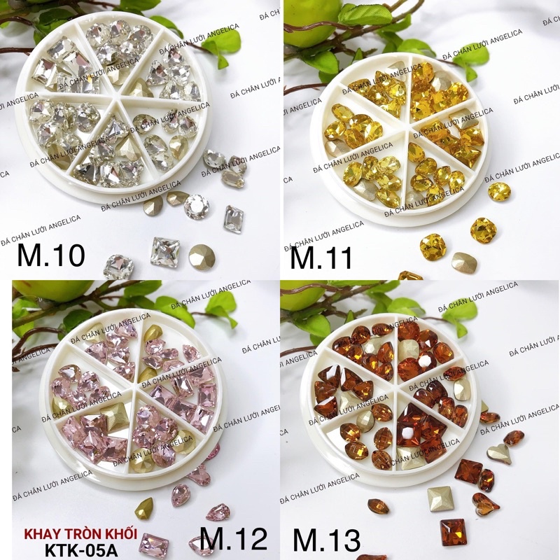 Đá khối chân vàng mix size khay 36 viên đính móng, phụ kiện nail