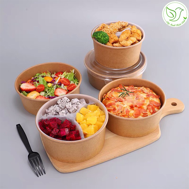 50 Tô giấy Kraft Salad nâu đựng thức ăn, salad, bánh bông lan có nắp PP, nắp pet chịu nhiệt nhiều kích cỡ - Combo 50 cái