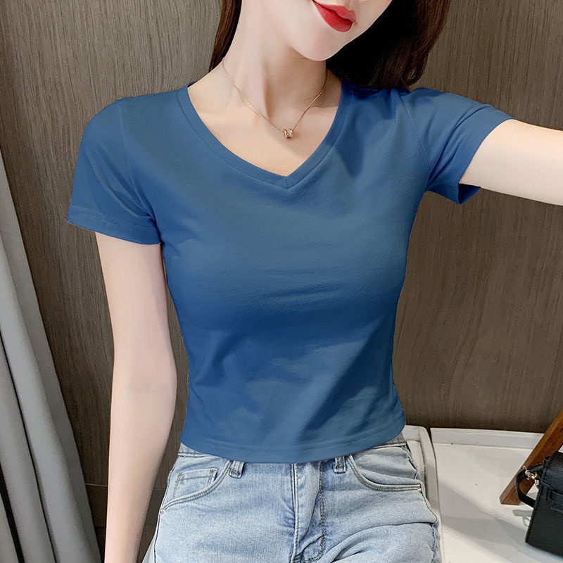 Áo Thun 95 Cotton Ngắn Tay Cổ Chữ V Eo Cao Thời Trang Mùa Hè 2022 Cho Nữ