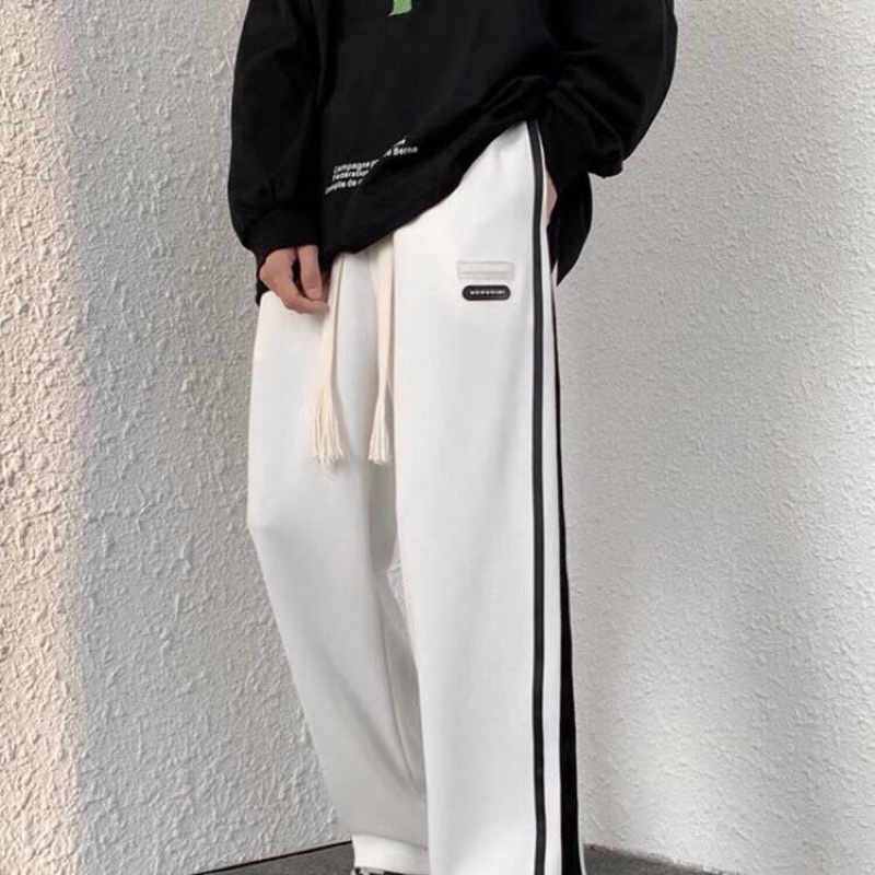 Quần Ống Rộng Nam Nữ Hoạ Tiết Kẻ Sọc Logo Chữ Thêu Dáng Suông Unisex Phong Cách Hàn Quốc