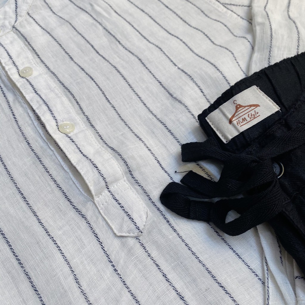 Áo Sơ Mi Nam Cổ Trụ Tay Dài Linen Tưng Sọc