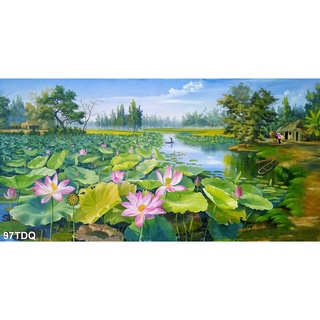 Tranh dán tường phong cảnh làng quê việt nam giả sơn dầu, tranh đồng quê , tranh quê hương, t