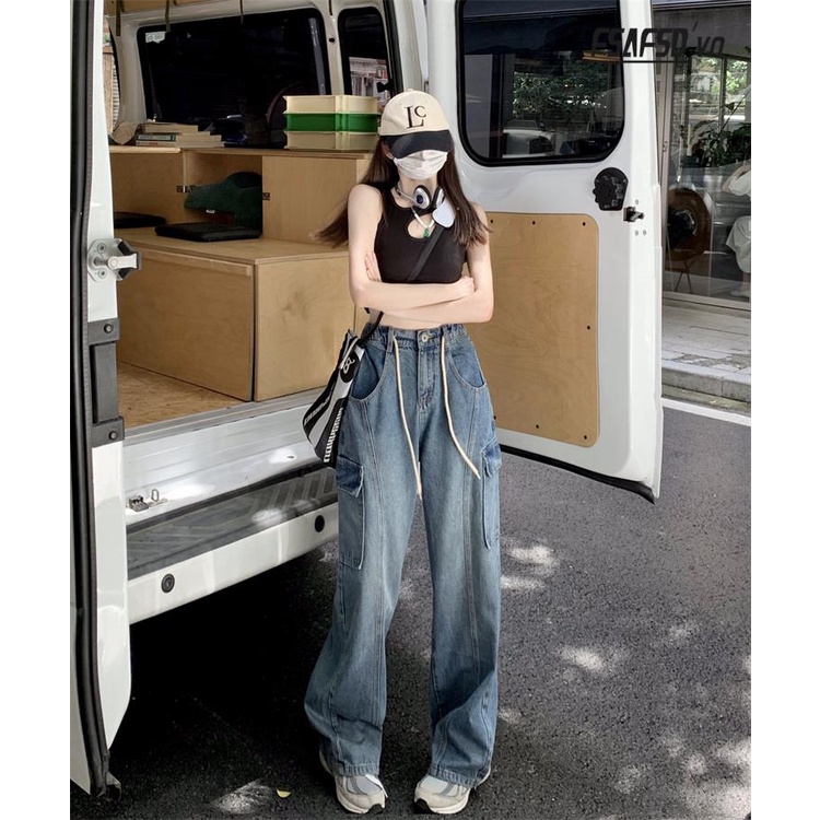Quần Yếm Jean Lưng Cao Ống Rộng Phối Dây Rút Thời Trang Retro Mỹ Cá Tính Cho Nữ