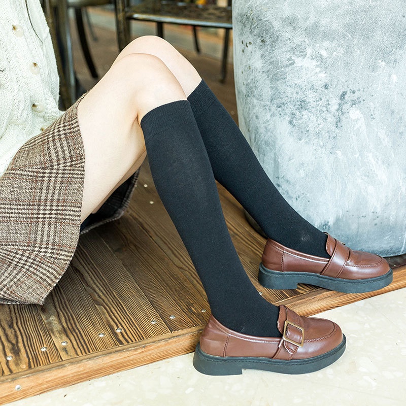 Vớ Cotton Dài Đến Đầu Gối Màu Sắc Đơn Giản Phong Cách Nhật Bản Dành Cho Nữ