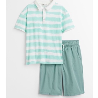 Sét bộ quần áo HM bé trai bộ polo kẻ xanh mint auth