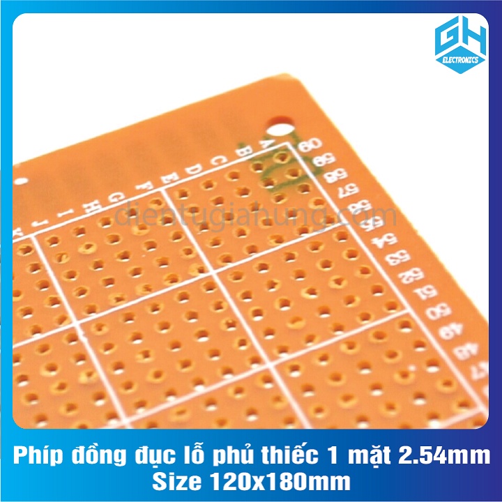 Phíp đồng bo mạch đục lỗ 1 lớp màu vàng 1 mặt 2.54mm - Size 120x180mm