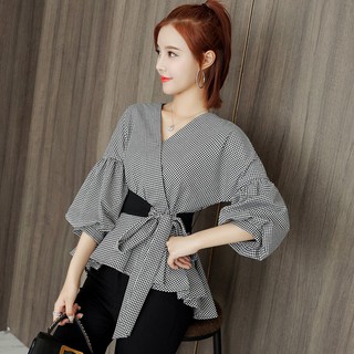 Áo kiểu nữ tay phồng cổ đắp chéo hoạ tiết kẻ sọc thời trang