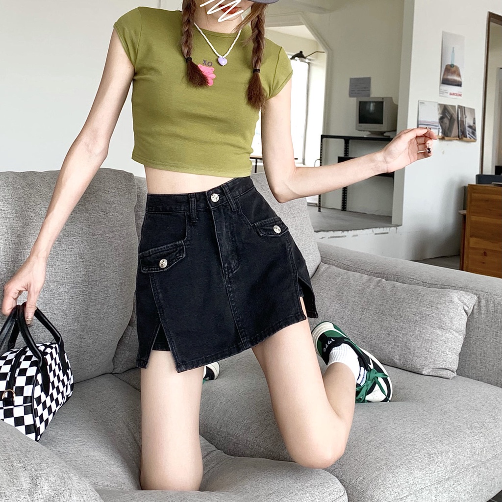 Jiashucheng Chân Váy Denim Mini Lưng Cao Xẻ Tà Phong Cách Mới Cho Nữ