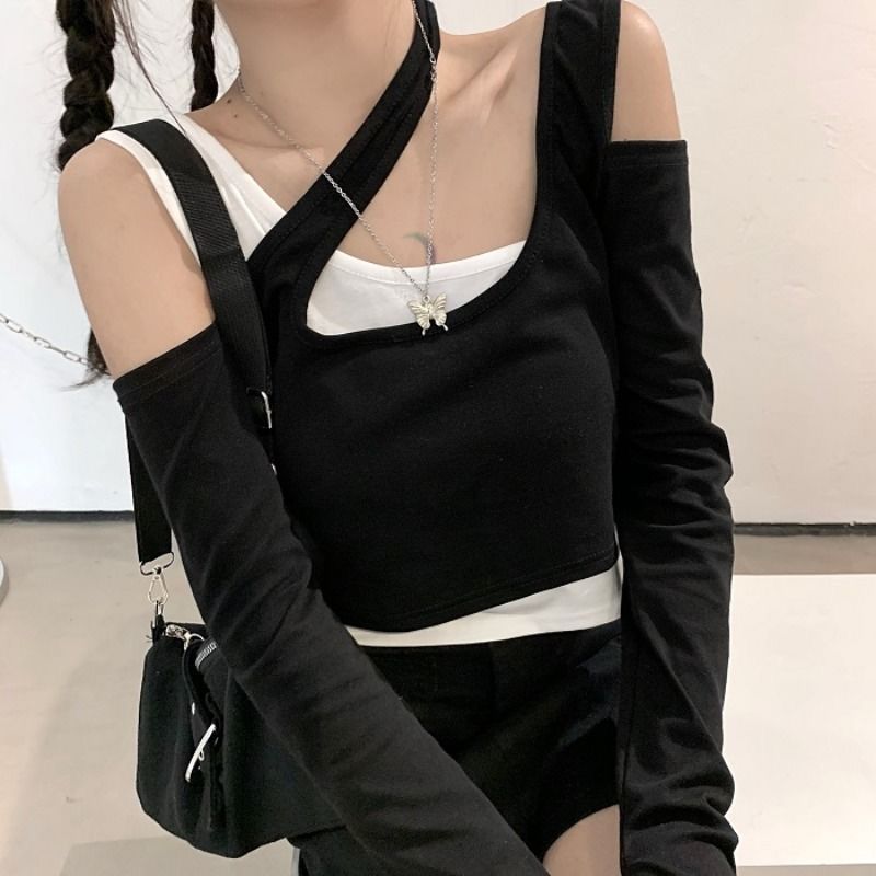 Áo trễ vai ôm dáng giả 2 lớp phong cách thời trang Hàn Quốc dành cho nữ