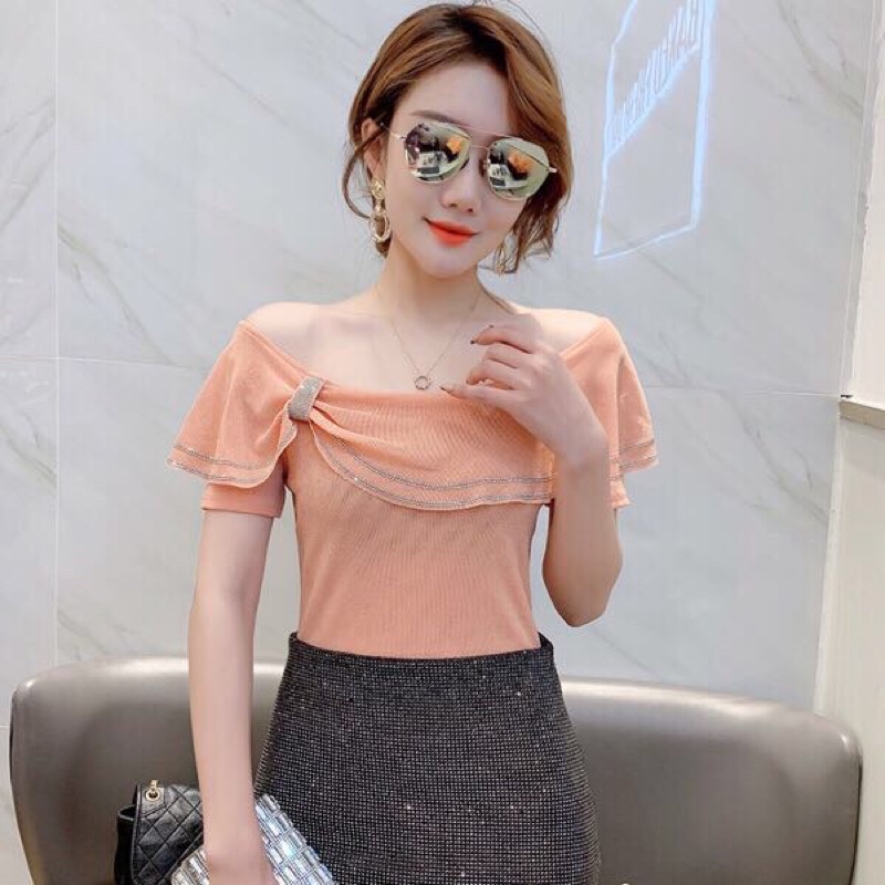 Áo thun ren ( đính đá rớt vai cổ nơ màu hồng cam)