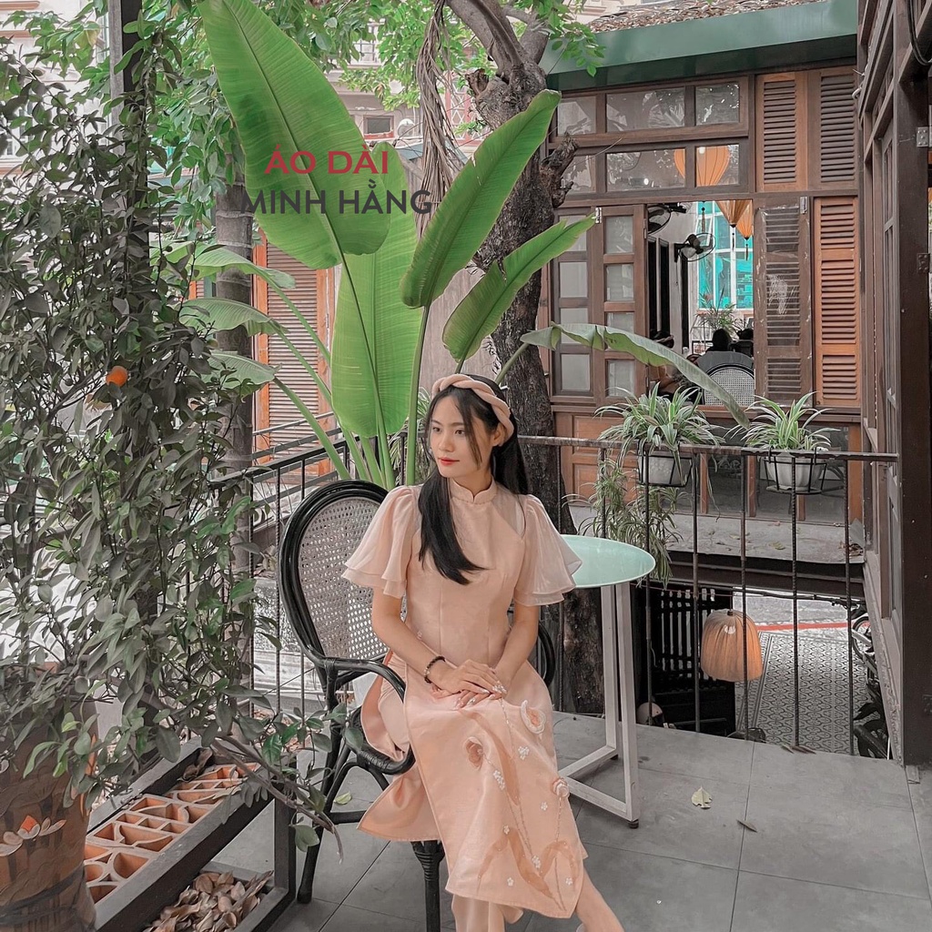 Áo Dài Cách Tân Nữ 4 Tà Tay Bèo Cánh Tiên Đính Hoa, Vải Lụa Tơ Óng Đẹp Nhẹ Nhàng_Áo Dài Minh Hằng