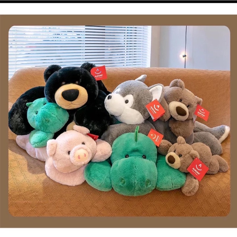 Gấu bông lông mịn Aurora mềm êm Dino,Pig,Husky,Bear dáng nằm