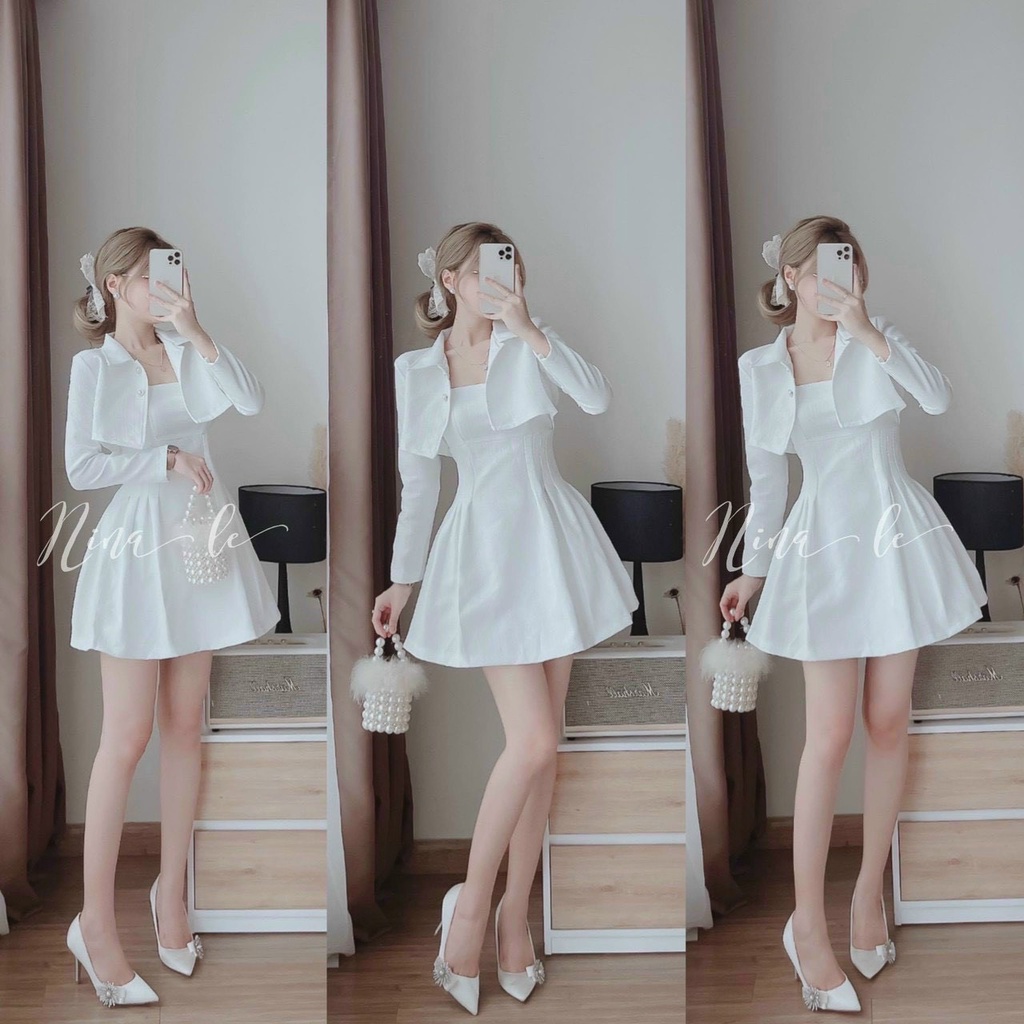Đầm váy nữ xòe ( có mút ) kèm áo khoác bên trong có áo 2 dây dáng xòe tôn dáng trẻ trung sang trọng thanh lịch siêu xinh