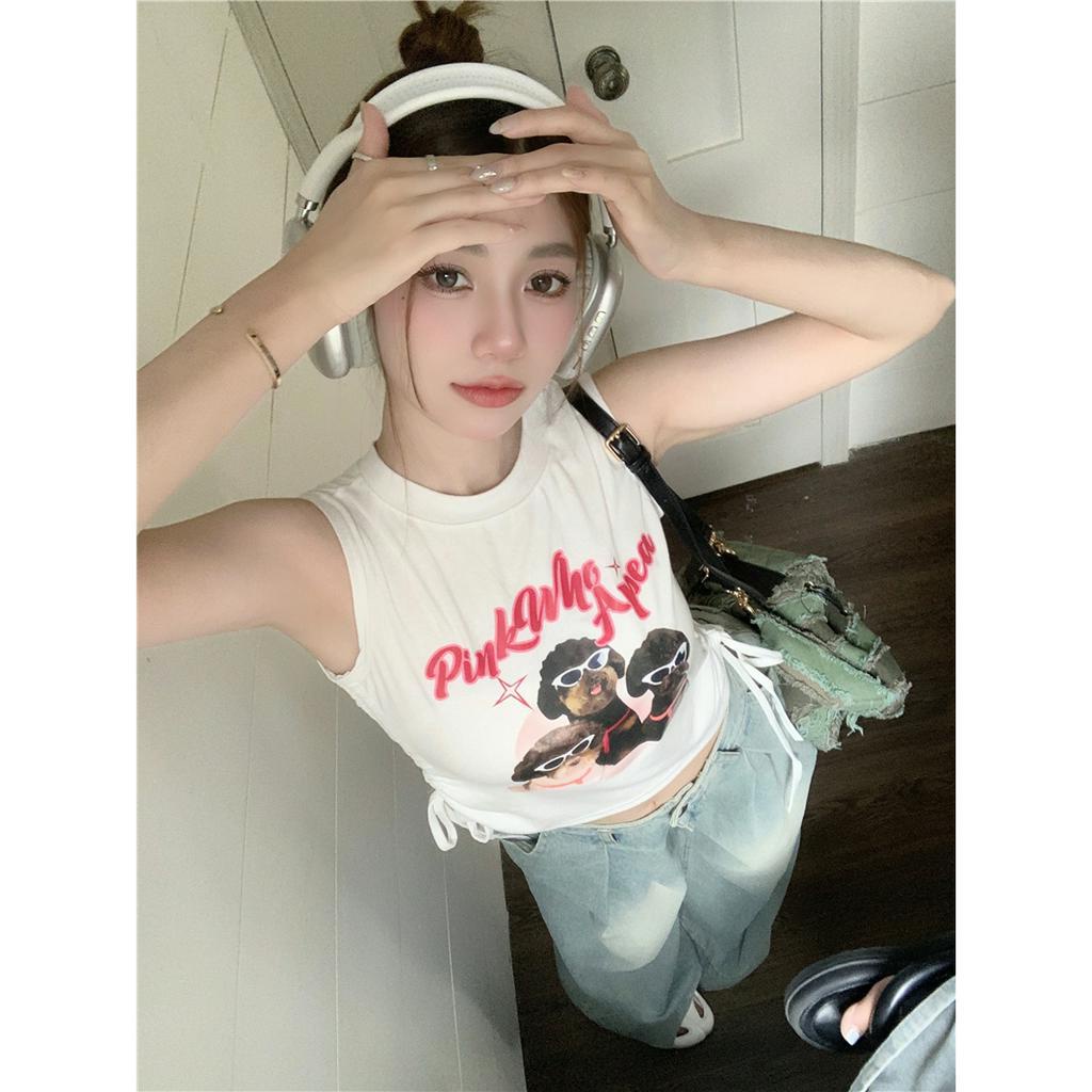 Lalisas Áo Sát Nách Cổ Thuyền Thiết Kế Dây Rút In Cảm Giác retro Mỹ Cho Nữ