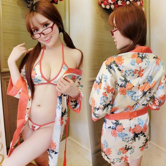 Sét Áo Choàng Ngủ Kimono Hoa Cam Phong Cách Nhật 1315 Siêu Quyến Rũ ( Sét gồm 01 Áo choàng +01 Đai thắt + 01 Bộ bikini )