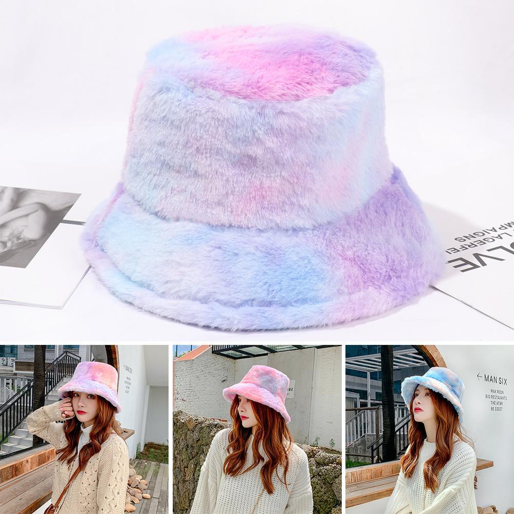 Nón Bucket Màu Nhuộm Cầu Vồng Giữ Ấm Mùa Đông Cho Nữ