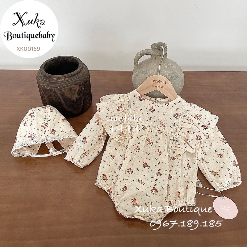 Bodysuit Dài Tay Kèm Mũ Ren Bèo Cánh Tiên Hoa Hồng Baby Sinh Nhật / Thôi Nôi Cho Bé Gái size 8 -15kg [Jennybebe]