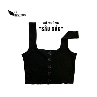 Áo croptop nữ 2 dây bản to La Boutique đính nút cổ vuông màu đen freesize thun gân dáng ôm body