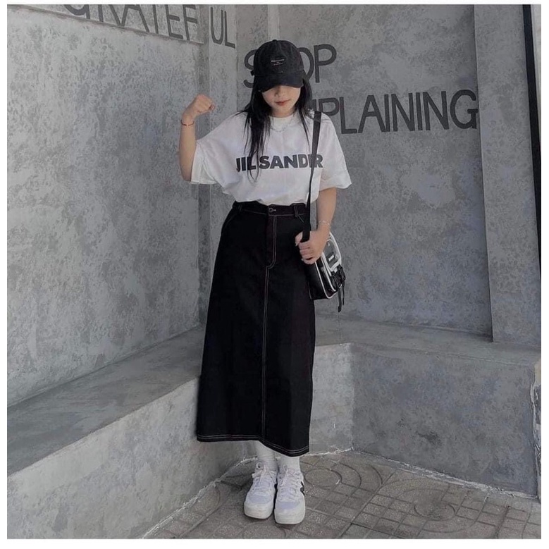 Chân váy kaki jean đen dáng dài (Ảnh thật/Video)