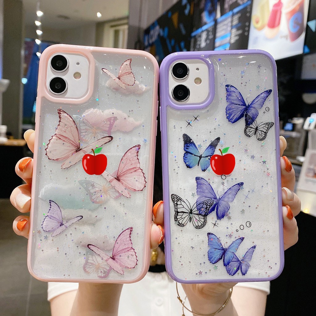 Ốp Lưng iPhone 14 Pro l Pro Max l Plus Vỏ Bọc Bảo Vệ Điện Thoại Kim Tuyến Viền Màu Hình Bướm 7 8 X XR 11 12 13