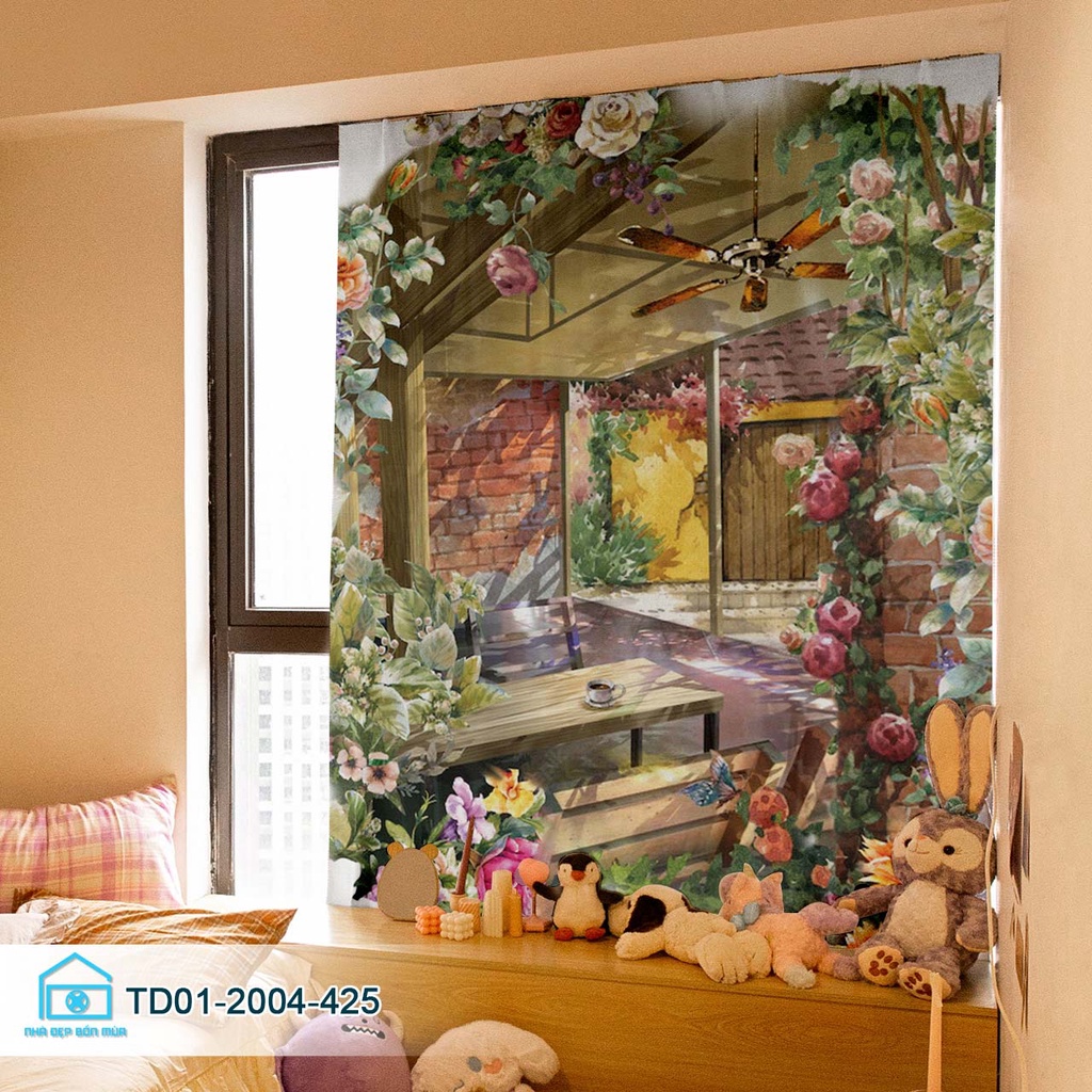 Rèm cửa dán tường tiện lợi Tín Phát decor vườn hoa cổ tích thơ mộng