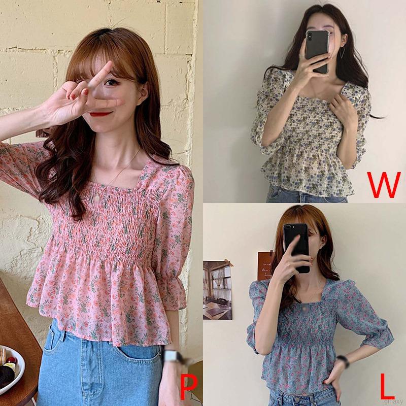 Áo Kiểu Chiffon Tay Ngắn Cổ Vuông Họa Tiết Hoa Phong Cách Cổ Điển Hàn Quốc