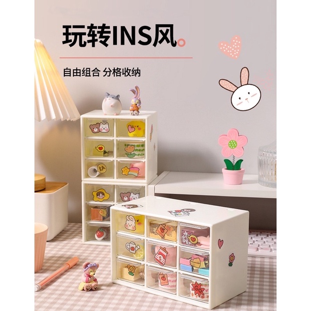 Tủ nhựa mini 9 ngăn đựng trang sức, phụ kiện decor bàn học tặng kèm sticker siêu xinh - Kệ 9 ngăn đựng đồ mini để bàn