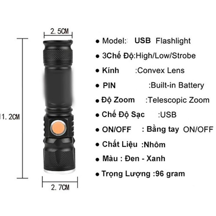 Đèn pin cầm tay siêu sáng cổng sạc usb 515 ⚡