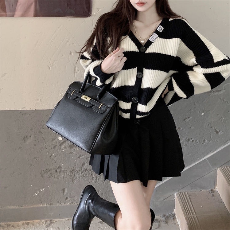 Jiashucheng Áo Khoác Cardigan Dệt Kim Tay Dài Dáng Rộng Họa Tiết Kẻ Sọc Phong Cách Retro Nhật Bản