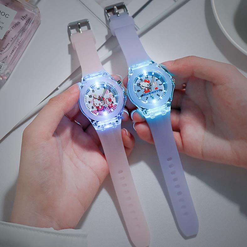 Đồng hồ đeo tay dây đeo silicon hình Hello Kitty màu dạ quang xinh xắn dành cho bé gái