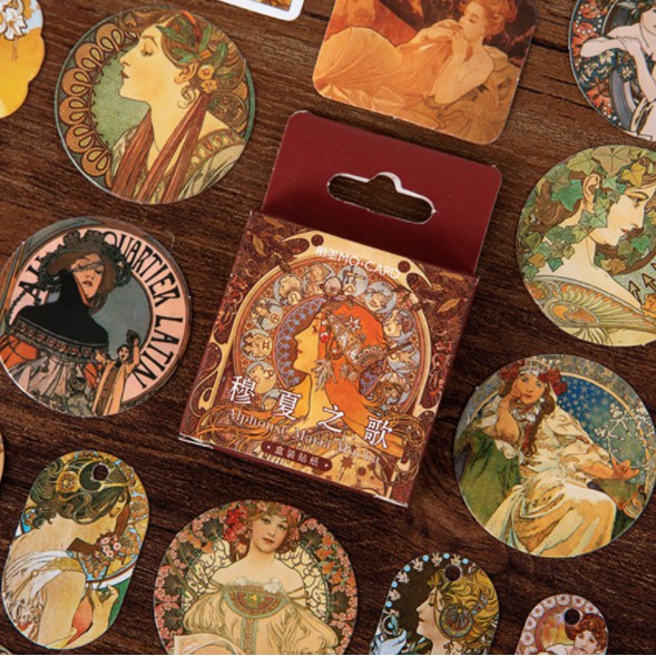 Sticker - nhãn dán nghệ thuật - Bài ca của Mucha - phong cách châu âu cổ điển,vintage  x 1 hộp 46 miếng dán