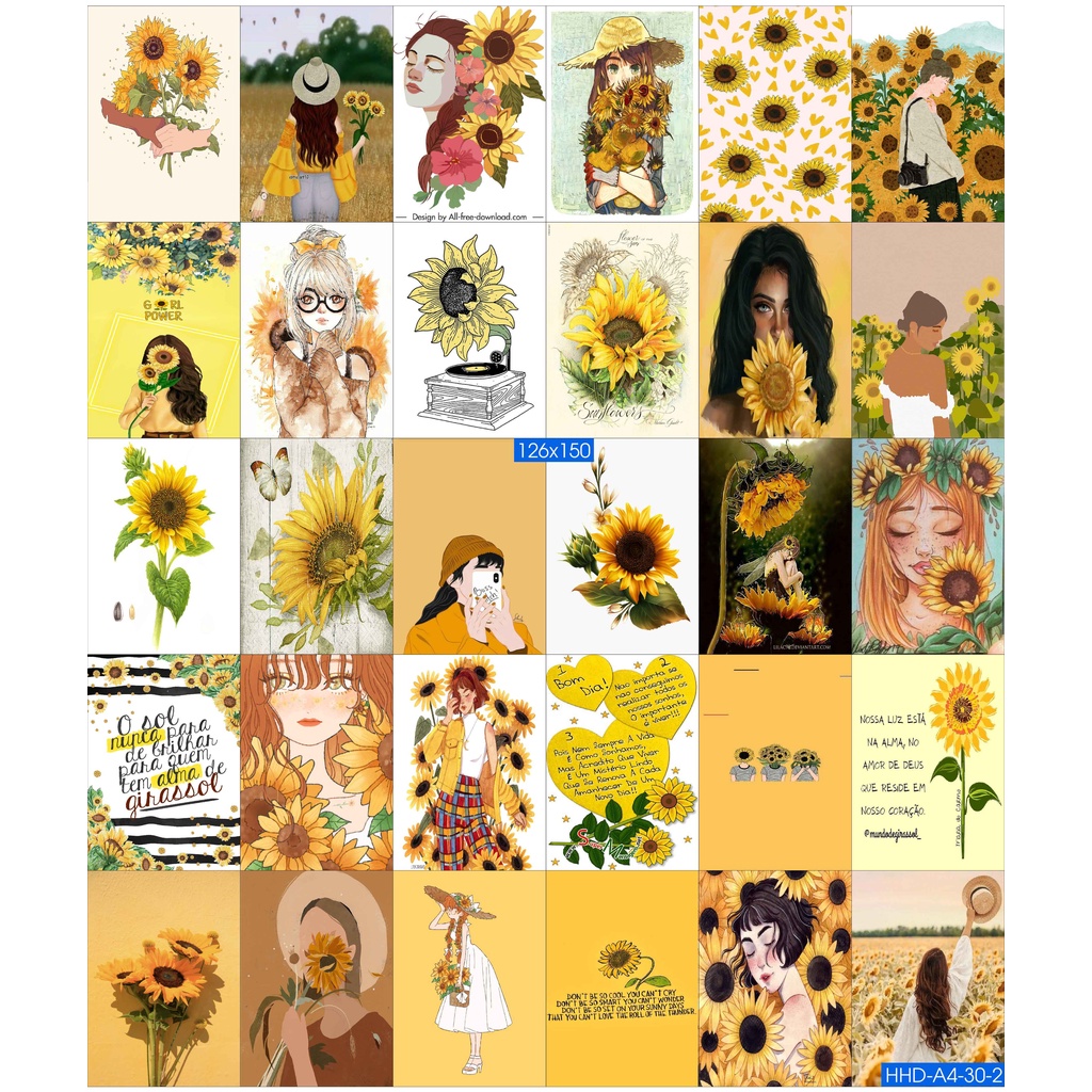 Combo Set 50 tờ Decal dán tường trang trí khổ A4,A5 - chủ đề Hoa hướng dương