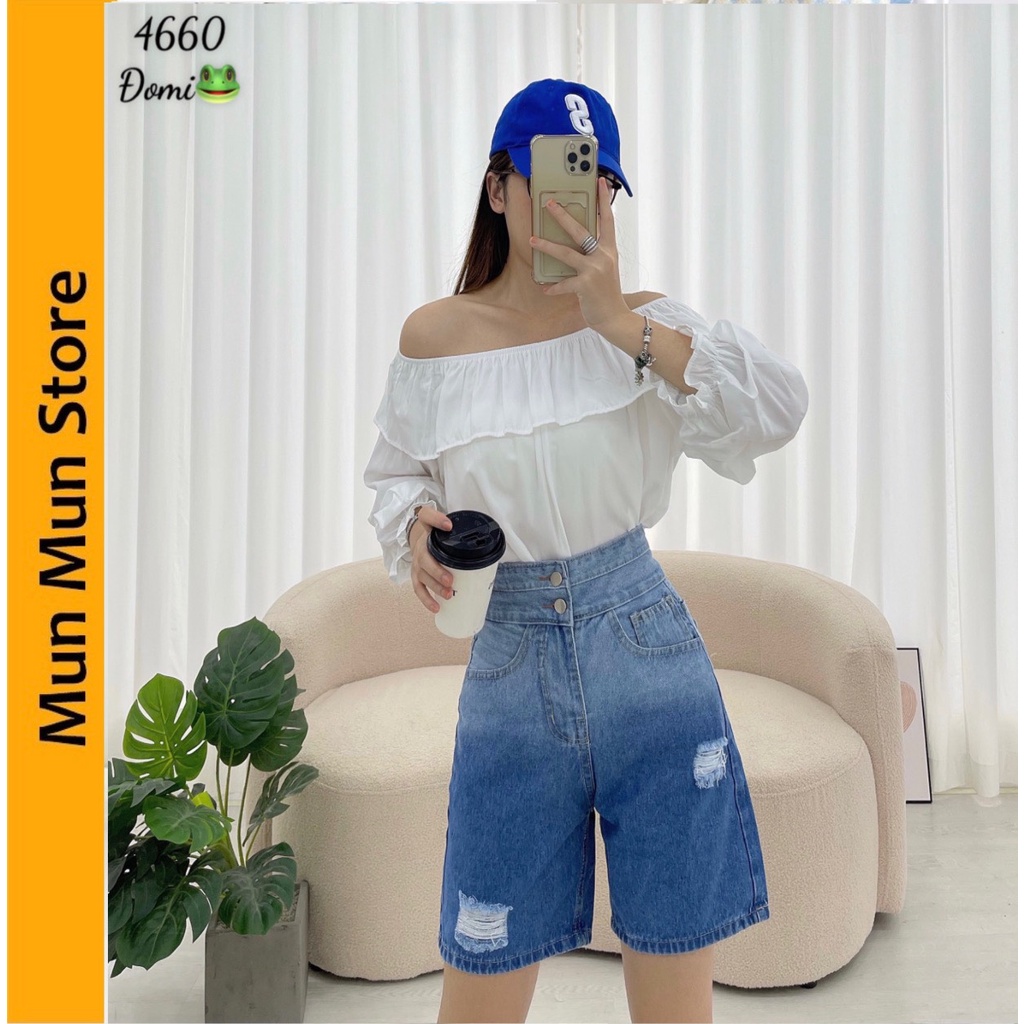 Quần short jean ngố⚡️ MunMunStore⚡️ Quần ngố bò loang rách - quần sọt jean ngố lửng nữ