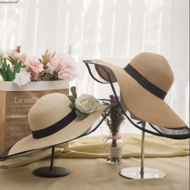 Mũ cói đi biển vành rộng viền lưới đai đen siêu đẹp