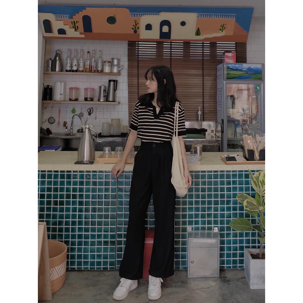 Áo len kẻ ngang cổ bẻ