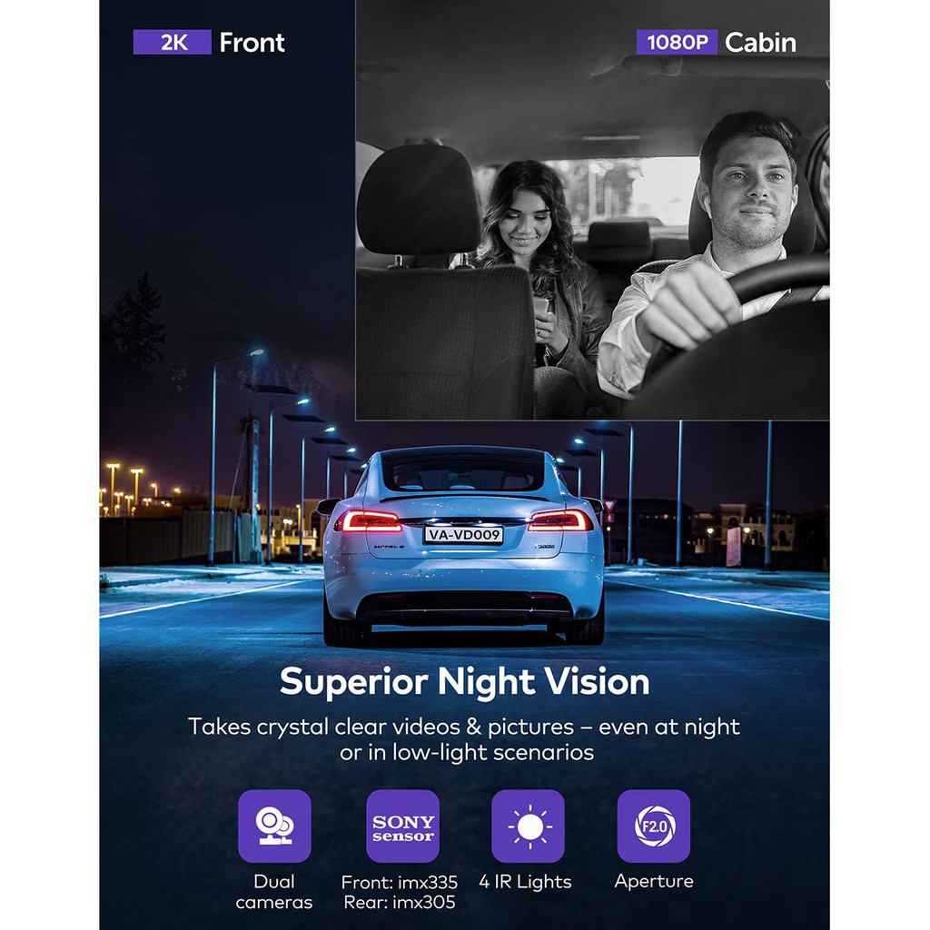 VAVA Dual Dash Cam 2K Camera Hành Trình Ô tô Xe Hơi Cao Cấp (cam trước 2K, cam cabin 1080P, tích hợp GPS) Chính Hãng USA