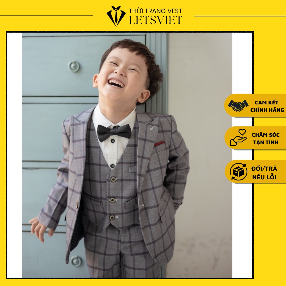 Bộ Vest Bé Trai Màu Ghi Kẻ Ô Caro 4 Món Áo Vest, Quần, Gi-Lê,Nơ- Cà Vat Chất Liệu Vải Cao Cấp Thời Trang Trẻ Em LETSVIET
