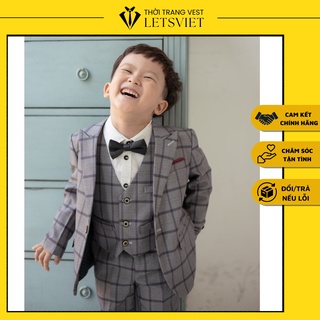 Bộ Vest Bé Trai Màu Ghi Kẻ Ô Caro 4 Món Áo Vest, Quần, Gi-Lê,Nơ- Cà Vat Chất Liệu Vải Cao Cấp Thời Trang Trẻ Em LETSVIET