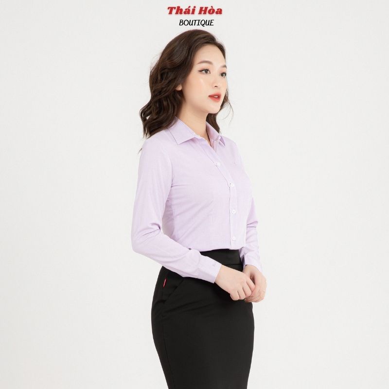 Áo sơ mi nữ màu tím dài tay công sở đẹp kẻ tăm caro chìm cotton Thái Hoà 631-11-01