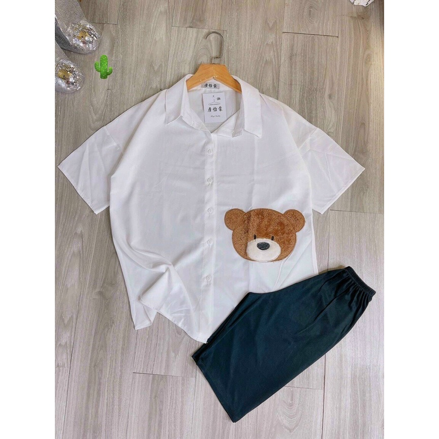 áo sơ mi form rộng tay ngắn thêu lông gấu hình mặt gấu xinh pc