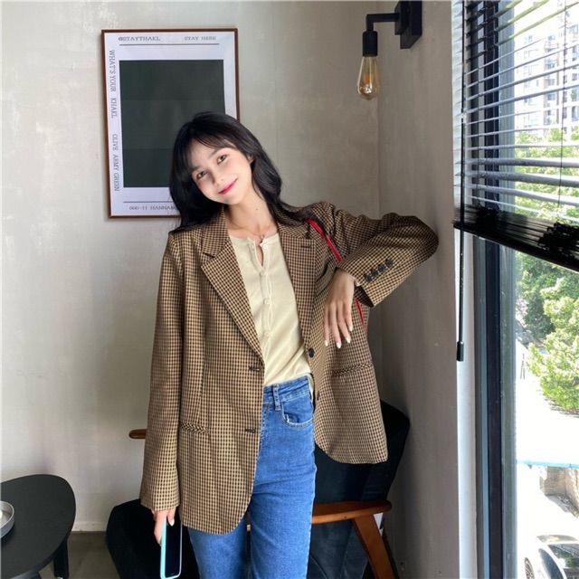 💙 áo khoác blazers/ vest kẻ ô nhỏ màu nâu ulzzang style có độn vai (Quảng Châu loại 1)