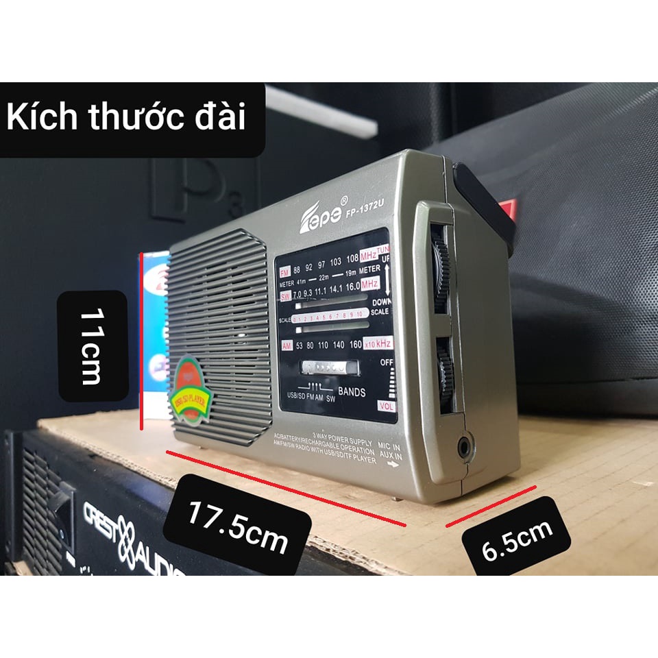 Đài Radio Fepe FP-1372U: Đài sạc pin. Thu sóng 3 kênh FM,AM,SW. Có cổng SD, USB, Thẻ nhớ