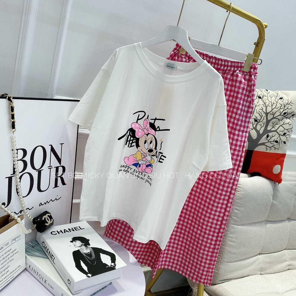 Bộ đồ mặc nhà nữ in chuột micky conton tàu ,quần kẻ caro siu kute.