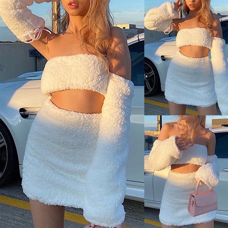 Bộ Áo 2 Dây Tay Dài Phối Chân Váy Ôm Mini Thời Trang Mùa Đông Quyến Rũ Cho Nữ