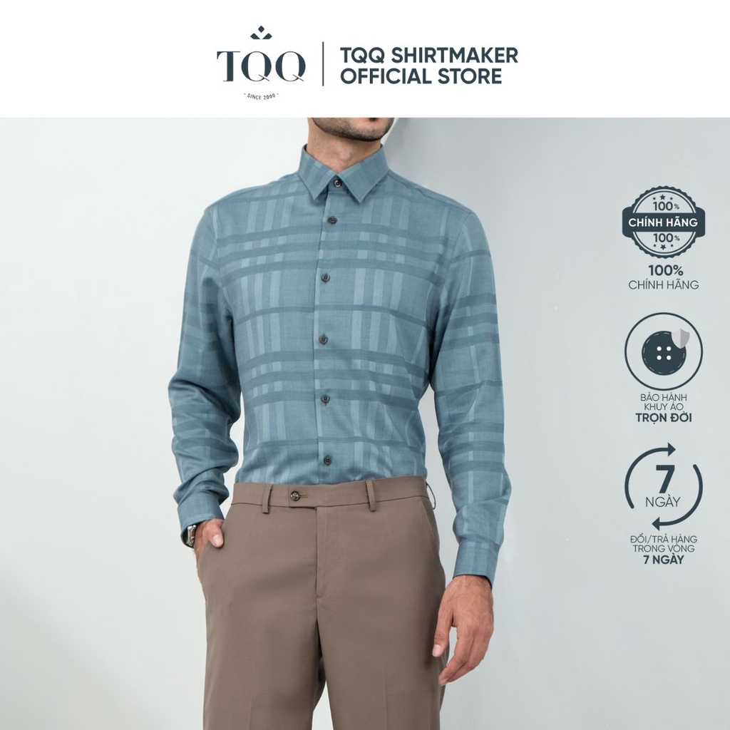Áo sơ mi nam dài tay TQQ dáng Slimfit công sở chất liệu Cotton cao cấp có co dãn K414CS-CSB màu xanh rêu dệt kẻ chìm