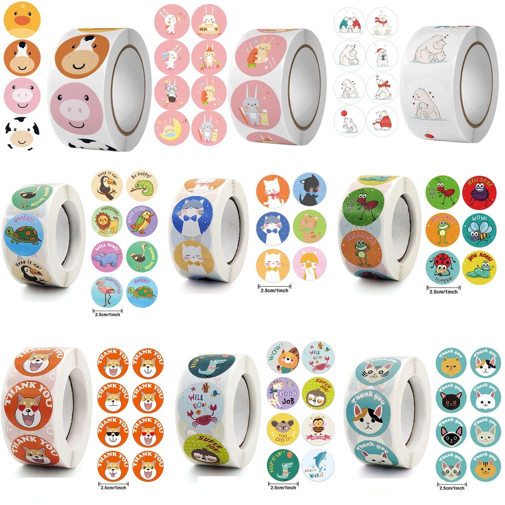 DORAW 500 PCS/Roll Animals Teacher Reward Stickers Students Games Self-Adhesive Stationery Labels|Decor Labels Study Supplies Gifts Accessories For Kids Children Kindergarten School