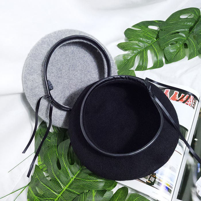 Mũ beret vải len phối da thiết kế đơn giản phong cách retro Hong Kong thời trang thu đông cho nữ
