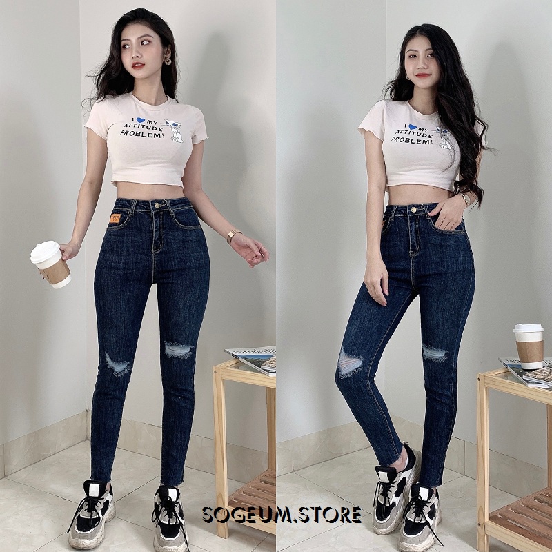 Quần skinny Jean rách gối cá tính co giãn, Quần bò nữ cạp cao tua gấu 693 sogeum.store