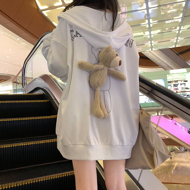 Áo Nỉ Tay Dài Dáng Rộng In Hình Gấu Dễ Thương Phong Cách Preppy Hàn Quốc Thời Trang Xuân Thu Cho Nữ