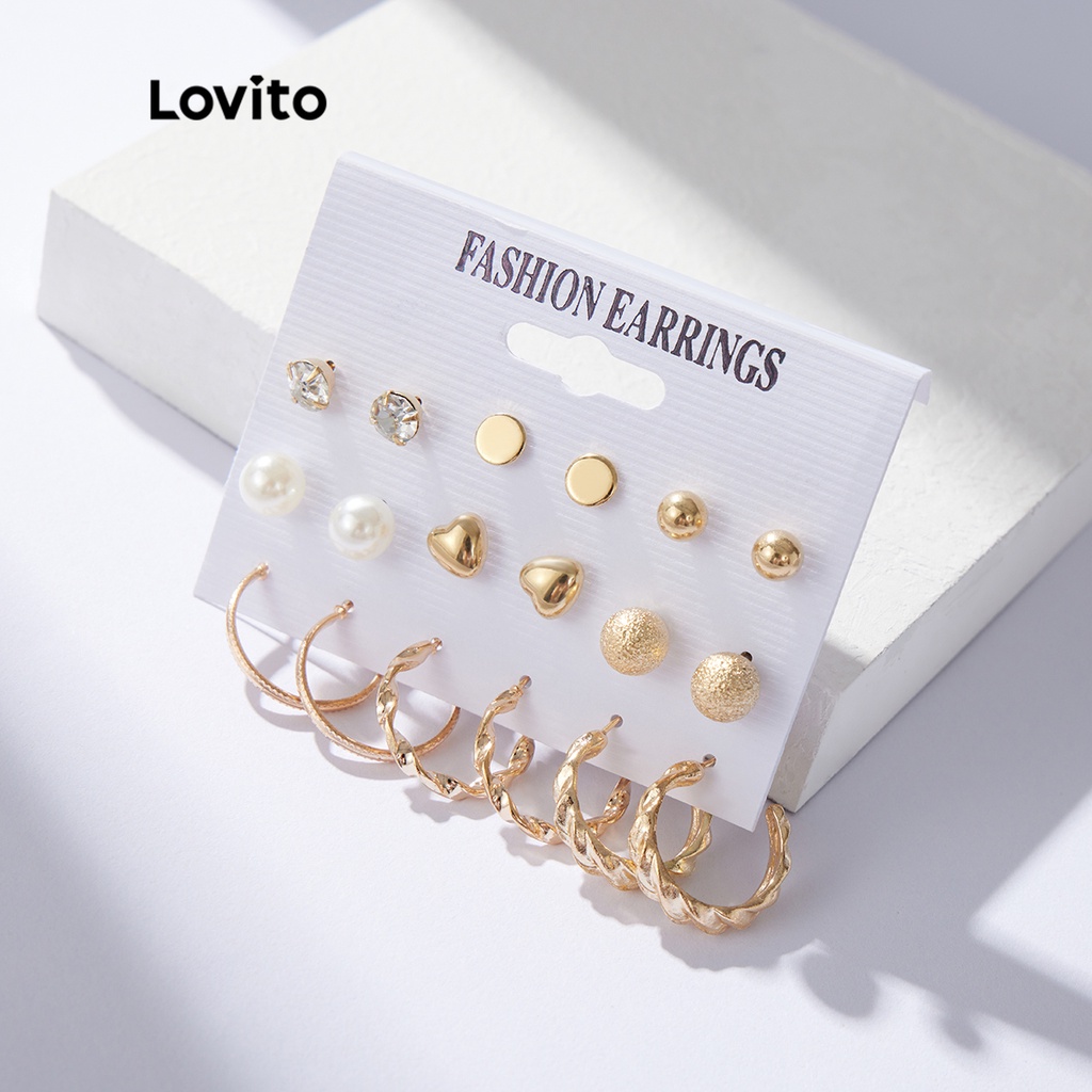 Lovito Bộ 9 chiếc Bộ ngọc trai kim loại sáng lấp lánh thanh lịch Pom Pom Bông tai kim loại L34AD078 (Vàng)